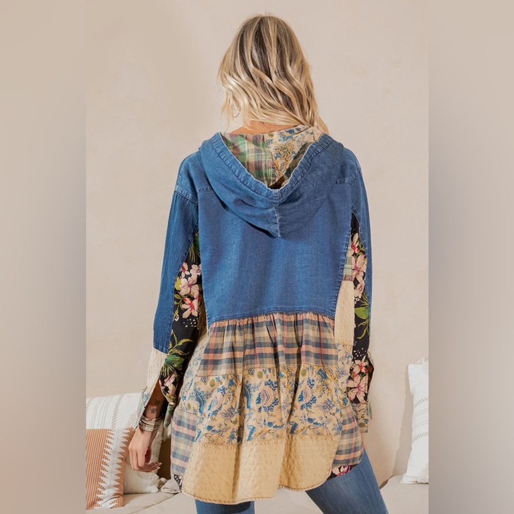 #199 🌸New! Boho Patched Denim Poncho Jacket Top - Picture 2 of 6